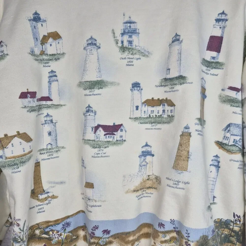 Vintage Lighthouse Point Sweatshirt Cardigan M Coastal Grandma Cream Nautical 90